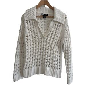 DKNY JEANS White Open Stitch Johnny Collar Airy Sweater XL Fits Small, Y2K Boho